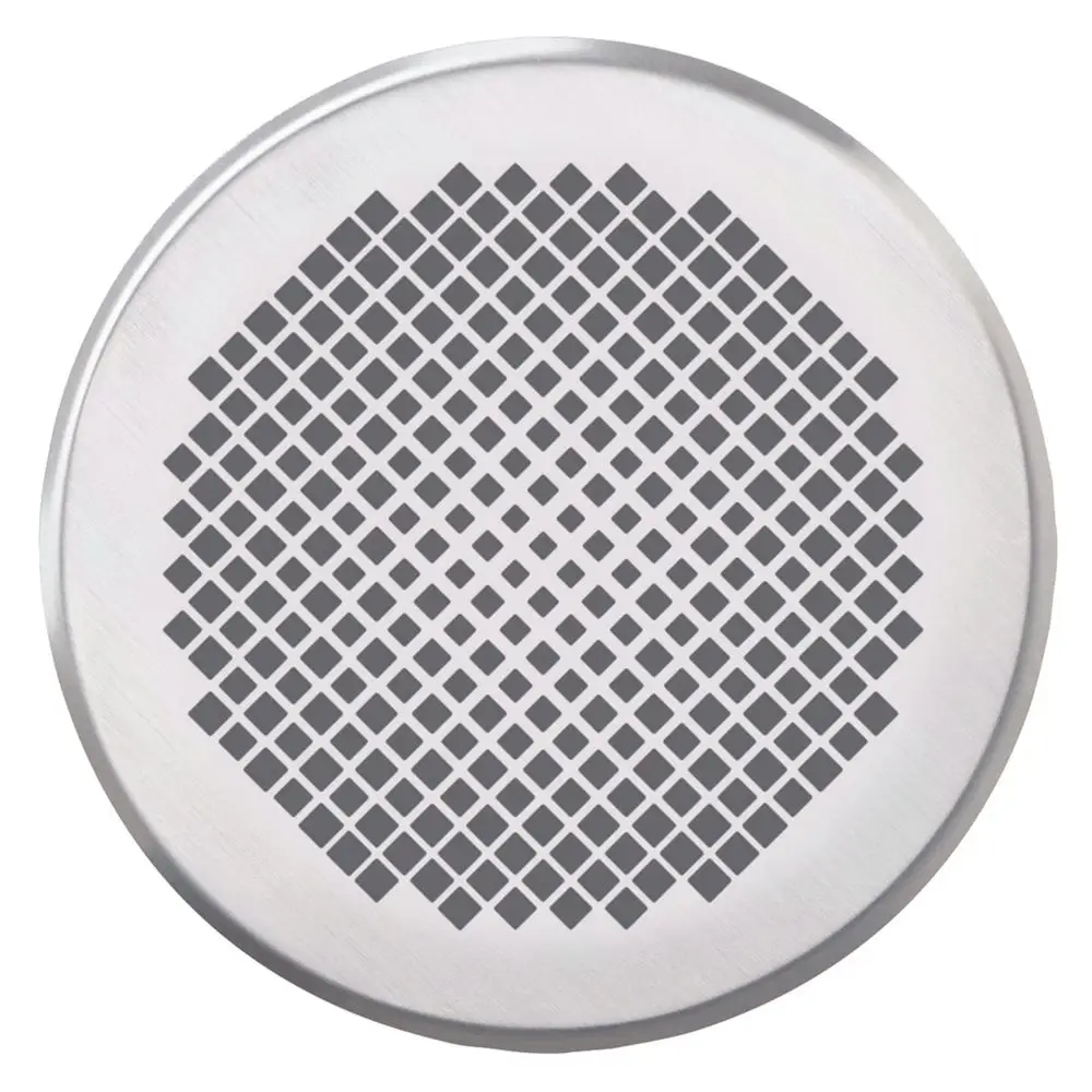 Runde Abdeckblende aus Edelstahl mit quadratischem Lochmuster. Geeignet für Vaillant Systeme, um Öffnungen abzudecken und eine saubere Optik zu gewährleisten.